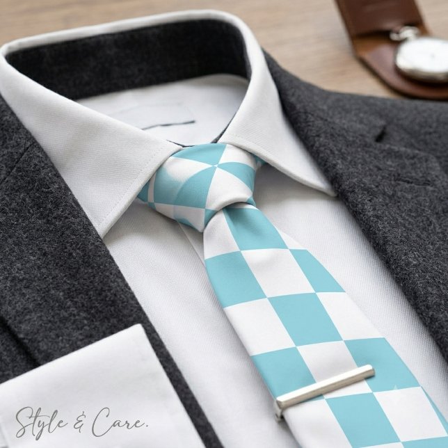 Cravate Bleu Œuf de Robin avec Motif Carré Blanc (Robin Egg Blue with White Square Pattern Neck Tie)