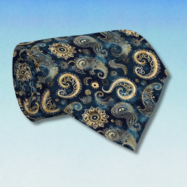 Cravate Bleu Or Engrenages Steampunk Paisley Élégant (Créateur téléchargé)