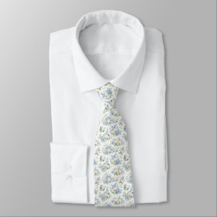 Cravate Bleu Poussiéreux Crème Fleurs Aquarelle Mariage Ma