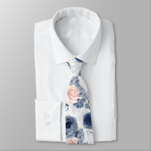 Cravate Bleu Poussiéreux et Floral Élégant Botanique Rose