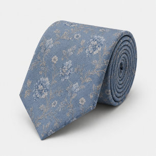 Cravate Bleu Poussiéreux Floral Jacquard Vintage