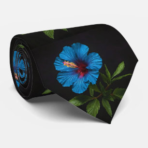 Cravate "Bleu rayonnant : Fleur d'Hibiscus sur noir