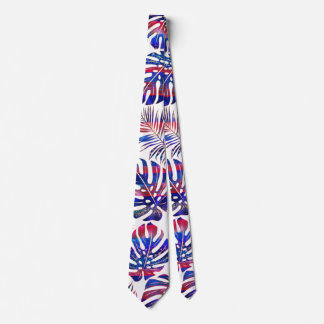 Cravate Bleu, rouge et or à motifs tropicaux feuille