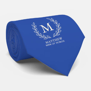 Cravate Bleu Royal Élégant Homme d'Honneur Monogramme Mari