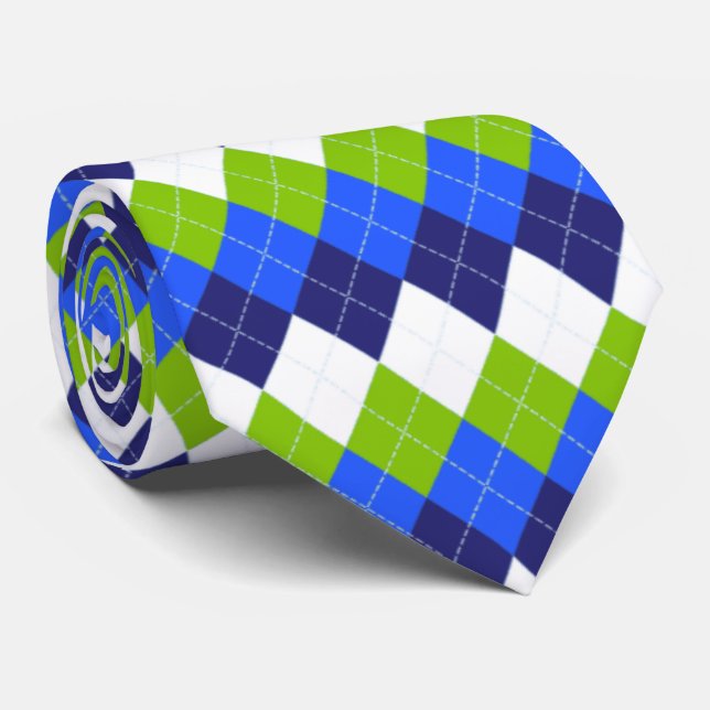 Cravate Bleu, vert citron et argyle blanc (Roulé)