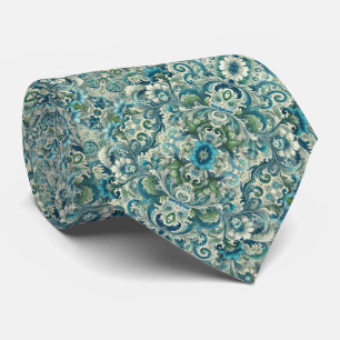 Cravate Bleu, vert et Turquoise Floral & Motif