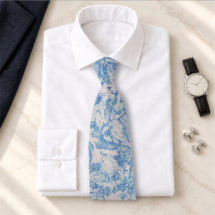 Cravate Bleu Vintage Turquoise Toile Jouy Floral