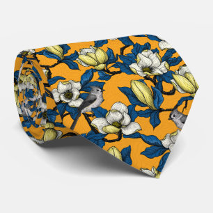 Cravate Blooming magnolia and titmouse bird 3