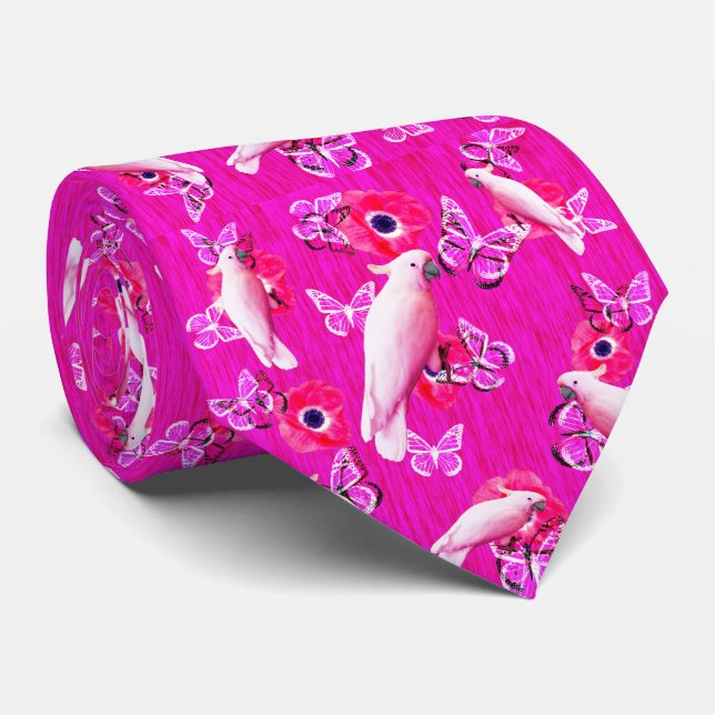 Cravate Blush Paradise : Cockatoos et Papillons Harmony, (Roulé)