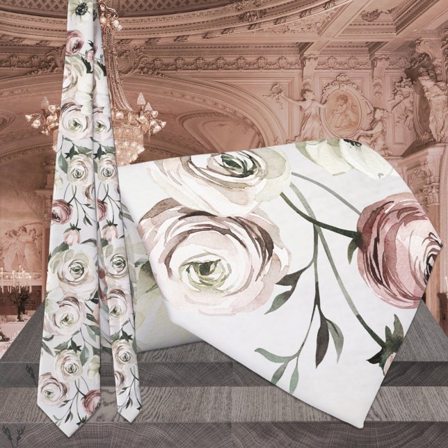 Cravate Blush Pink & White Ranunculus Vine Wedding (Créateur téléchargé)