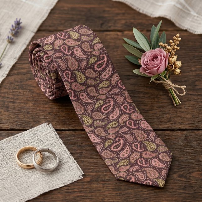 Cravate Blush Rose Lime Vert Brun Foncé Paisley Élégant (Créateur téléchargé)