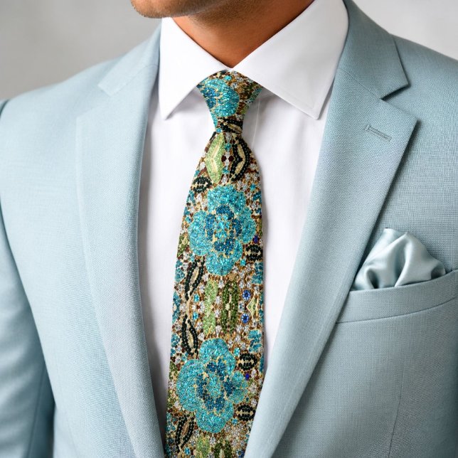 Cravate bohème girly chic argent turquoise bleu fleur (bohemian girly chic silver turquoise blue flower neck tie)