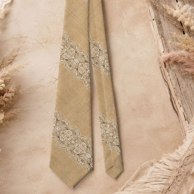Cravate Bohème occidental campagne rustique toile de jute  (Bohemian Western country rustic burlap and lace Neck Tie)