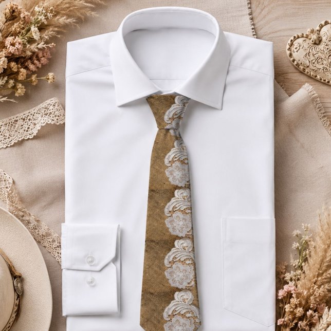 Cravate bohème rustique toile de jute et dentelle western  (bohemian rustic western country burlap and lace tie)