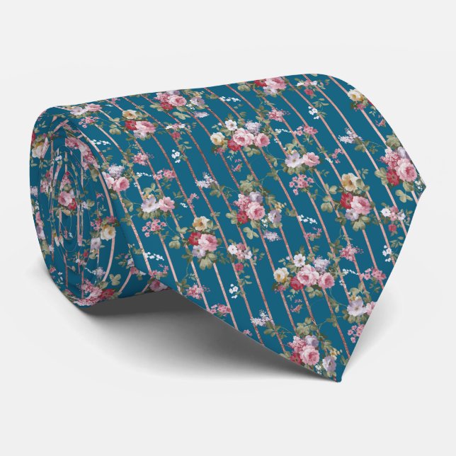 Cravate Bohemian blue pink red floral modern stripes tie (Roulé)