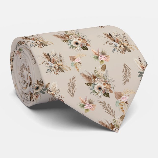 Cravate Boho Beige Marron Floral Botanique Tendance Hommes (Roulé)