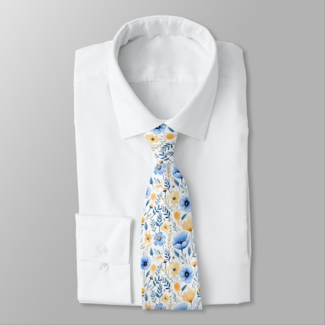 Cravate Boho bleu jaune Floral Groomsmen Groom Mariage (Attaché)