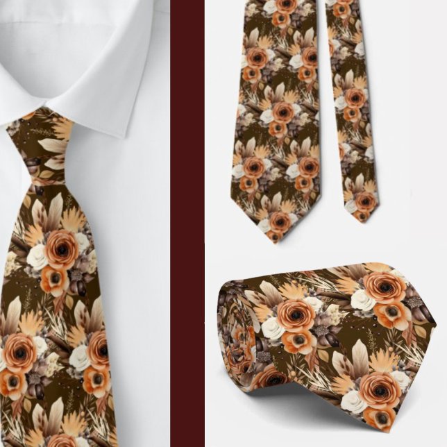 Cravate Boho Brown or Floral Aquarelle Fleurs Mariage (Créateur téléchargé)