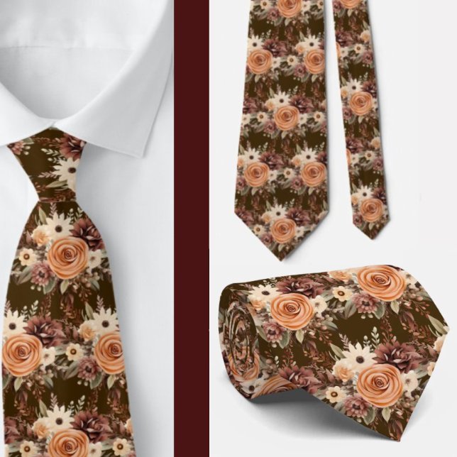 Cravate Boho Brown or Floral Aquarelle Fleurs Mariage (Créateur téléchargé)
