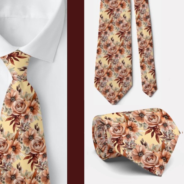 Cravate Boho Brown or Floral Aquarelle Fleurs Mariage (Créateur téléchargé)