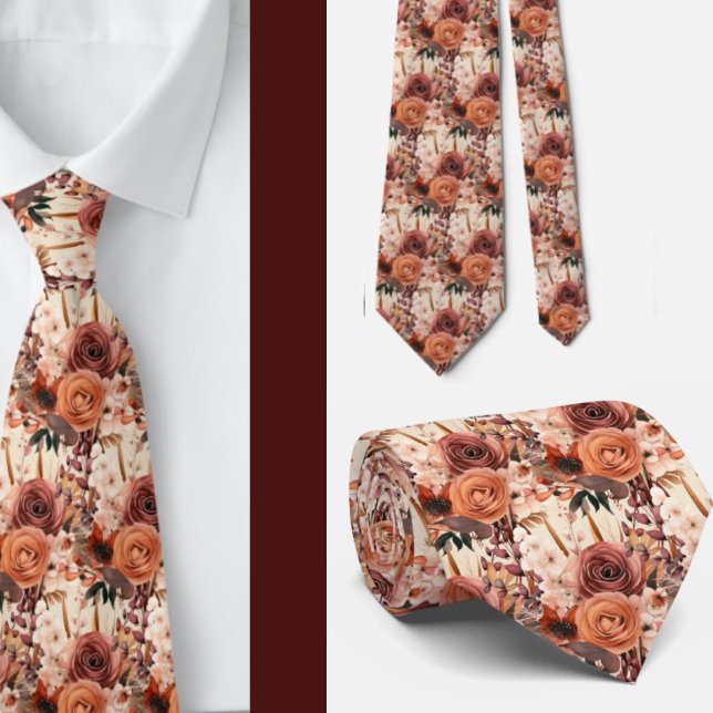 Cravate Boho Brown or Floral Aquarelle Fleurs Mariage (Créateur téléchargé)