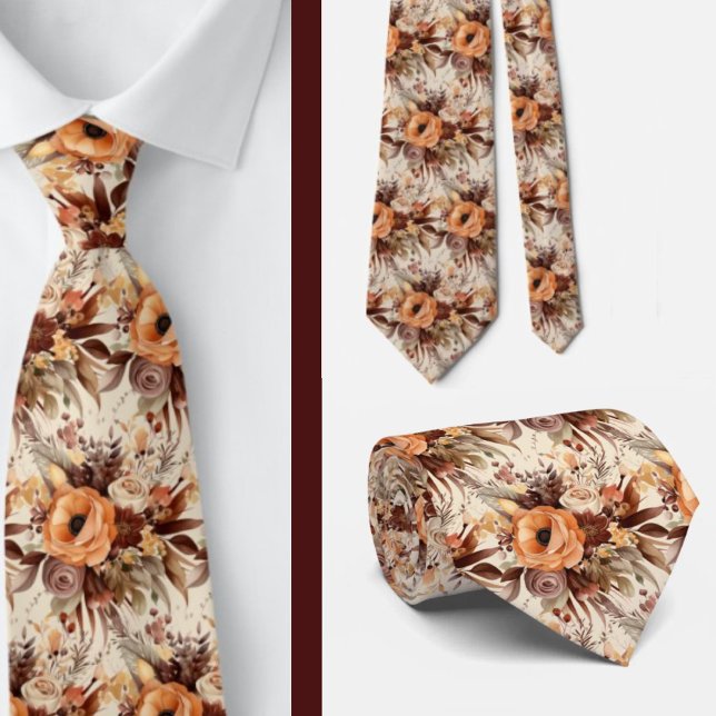 Cravate Boho Brown or Floral Aquarelle Fleurs Mariage (Créateur téléchargé)