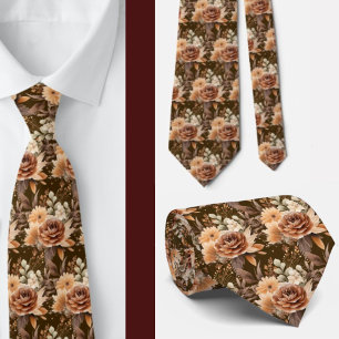 Cravate Boho Brown or Floral Aquarelle Fleurs Mariage