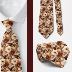 Cravate Boho Brown or Floral Aquarelle Fleurs Mariage