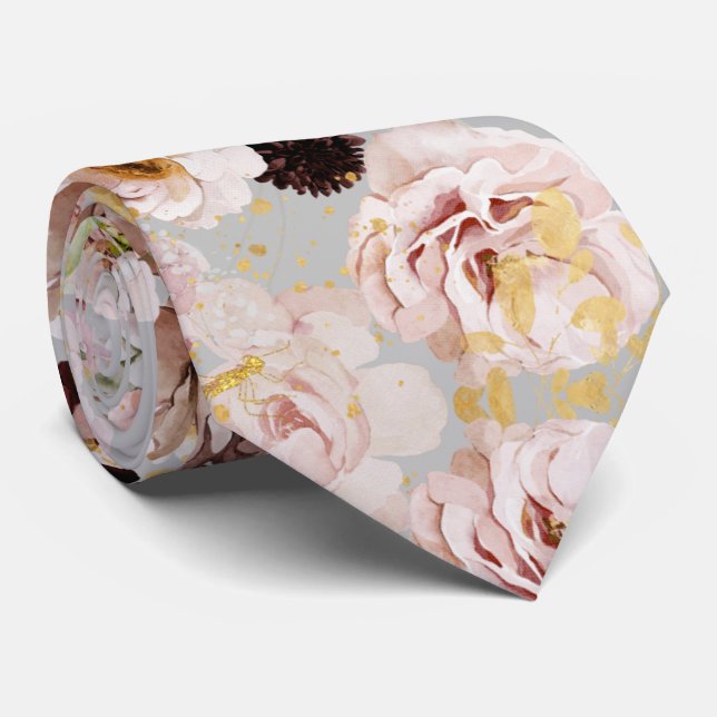 Cravate Boho H2 Roses Poussiéreuses Mums Bourguignon fond  (Roulé)
