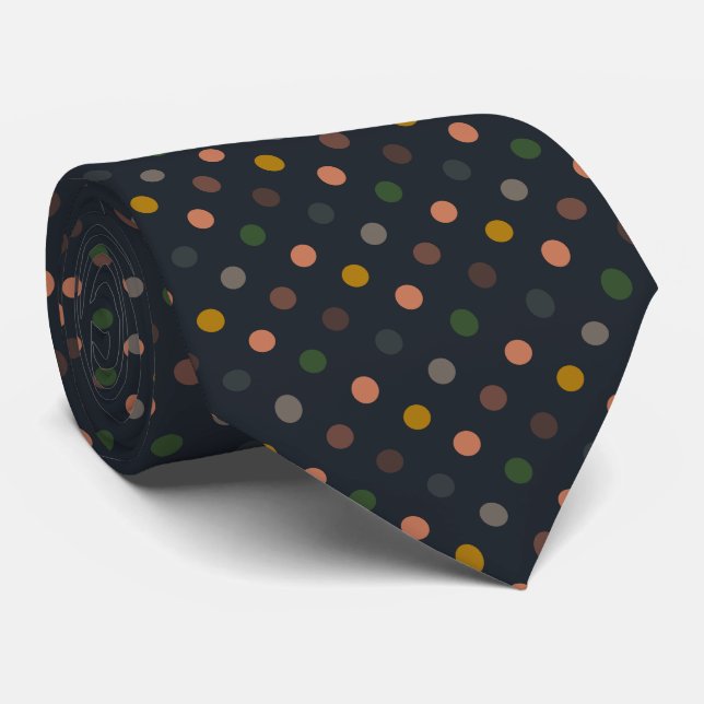Cravate Bois Tons Terre Sombres Motif Points Polka Design (Roulé)