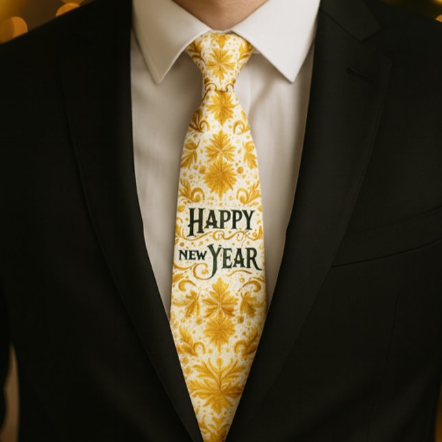 Cravate Bonne année en or  (Holiday style, gold flourish Happy New Year tie for a well dressed man )