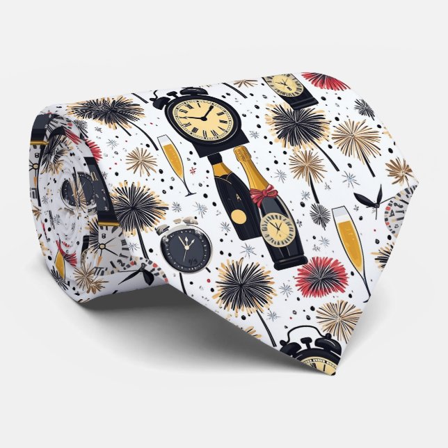 Cravate Bonne Année Horloges Et Champagne (Roulé)