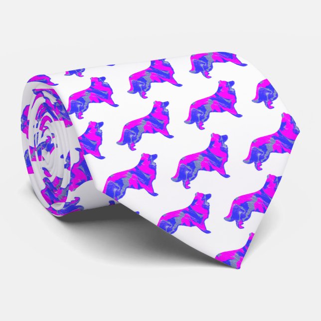 Cravate Bordure Collie Chien Silhouette Rose&Bleu Blanc (Roulé)