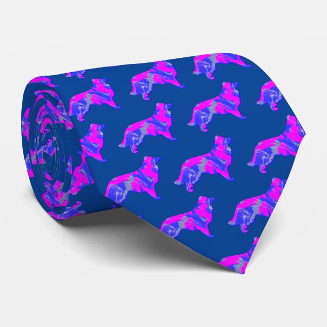 Cravate Bordure Collie Chien Silhouette rose&bleu bleu (Roulé)