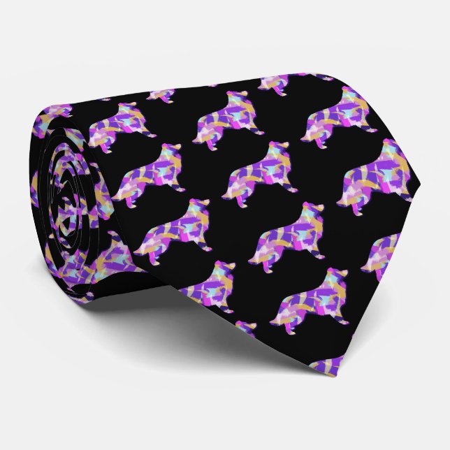 Cravate Bordure Collie Chien Silhouette Violet Noir Cou (Roulé)