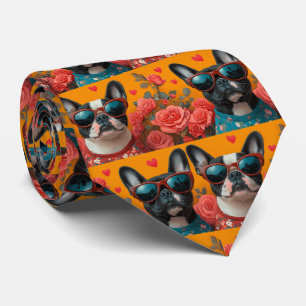 Cravate Boston Terrier avec coeur Roses Saint-Valentin