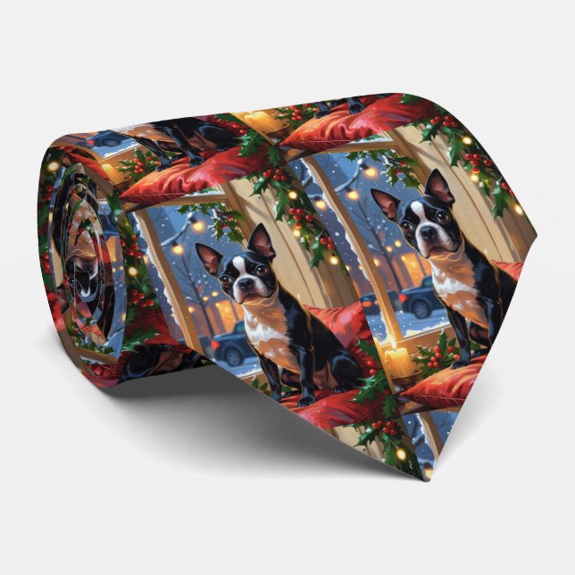 Cravate Boston Terrier avec Noël Lumières (Roulé)
