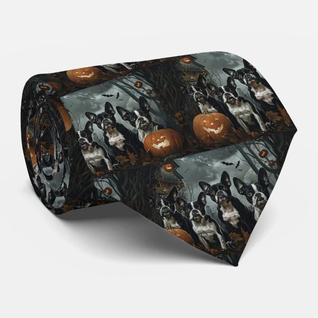 Cravate Boston Terrier Nuit d'Halloween Délice Canin (Roulé)