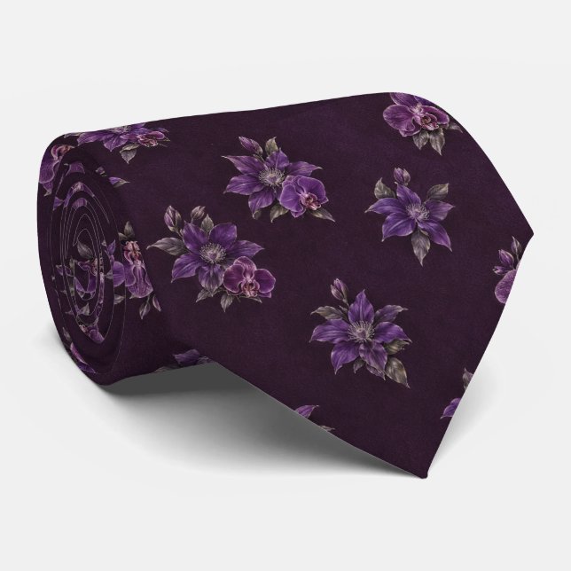 Cravate botanique Clematite Orchidée Violet Foncé  (Roulé)