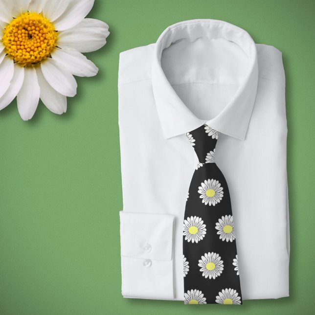 Cravate Botanique de marguerite Pastel Fleur Noir (Daisy Flower Black Neck Tie)