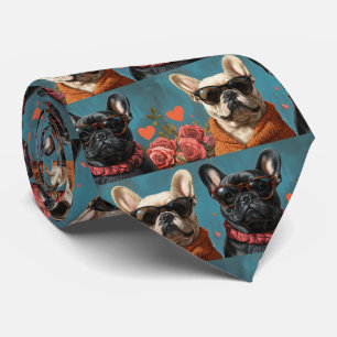 Cravate Bouledogue français avec des roses en forme de cœu