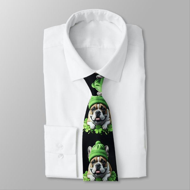 Cravate Bouledogue français St. Patrick's Day Trèfle Chanc (Attaché)
