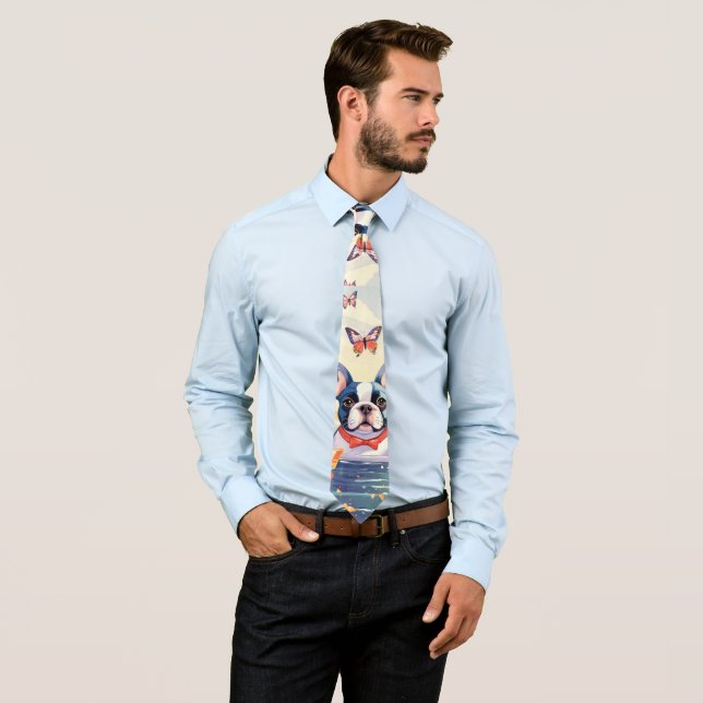 Cravate Bouledogues français noir gris blanc (En situation)