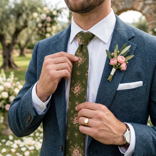 Cravate Bouquet de chintz à motif de rose carminée vert ol