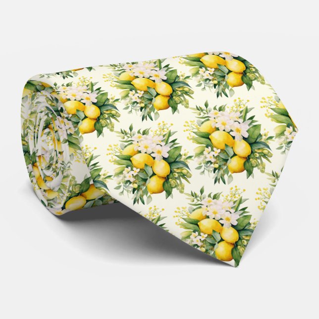 Cravate Bouquet de citrons avec motif de fleurs blanches (Roulé)
