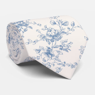 Cravate Bouquet Floral Toile Bleu Crème Botanique Vintage 