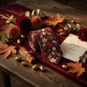 Cravate Bourgogne Fleur Sauvage et Feuilles d'Automne Cuiv