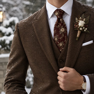 Cravate Bourgogne Floral Heritage d'Hiver en Ivoire