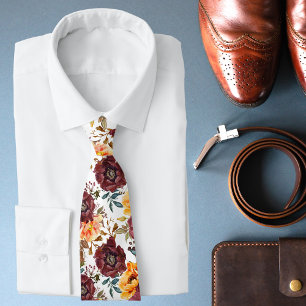 Cravate Bourgogne Orange Rustique Automne Aquarelle Floral