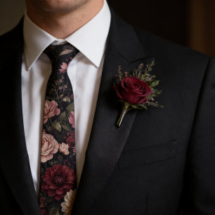 Cravate Bourgogne romantique foncé & Fleur noire Dusty Ros